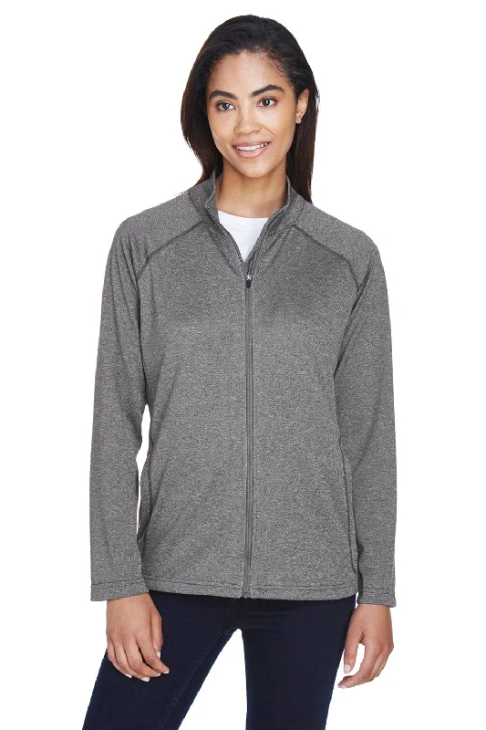 Trendy Warm Looks Casual Looks Devon & Jones Womens Compass Stretch Tech Moisture Wicking Full Zip Sweatshirt w/ Pockets - Heather Dark Grey
