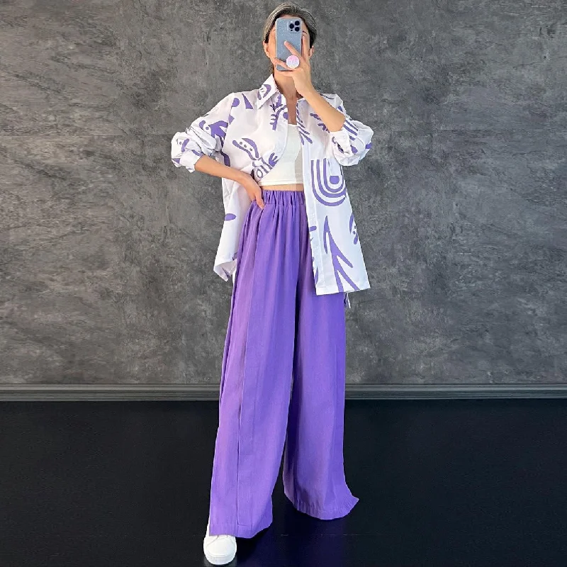 Practical Chic Wear Classy Comfortwear Casual Floral Print Long Sleeves Shirts & High Waist Pants