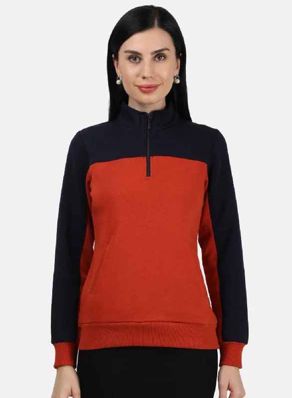 Effortless Chic Style Minimal Layers Women Orange & Navy Plain Sweatshirt