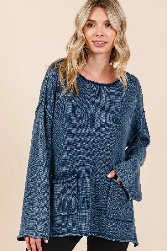 Simple Fashion Styles Street Comfort Mineral Wash Patch Pocket Cut Edge Sweater