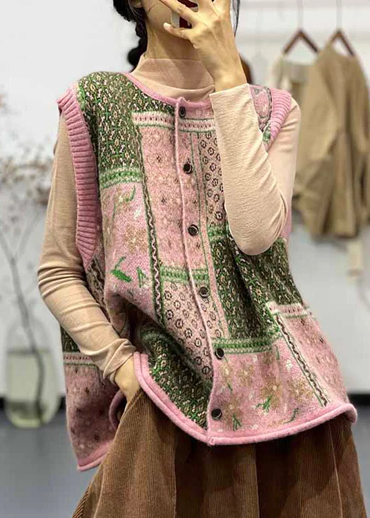 Cozy Fashion Trends Practical Fashion Loose Pink O Neck Button Cotton Knit Waistcoat Sleeveless