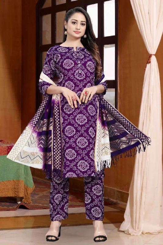 Purple Bandhani Printed Rayon Straight Cut Suit