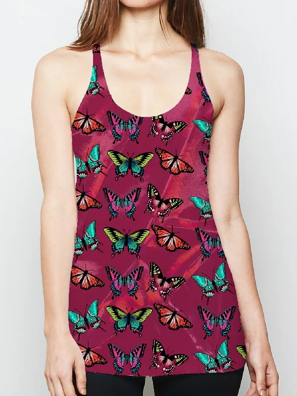 Soft Textured Wear Comfy Styling Maroon Butterfly Racerback Tank Top