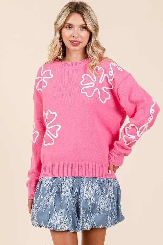 Modern Daywear Easy Chic Plus Size Floral Embroidered Lightweigt Knit Sweater