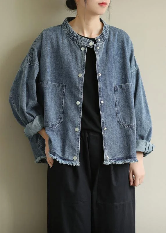 Simple Fashion Styles Simple Comfortwear Modern stand collar pockets Plus Size Coats Women denim blue Knee jackets