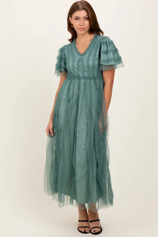 Cozy Wearable Styles Comfort Choices Teal Ruffle Accent Mesh Overlay Maxi Dress