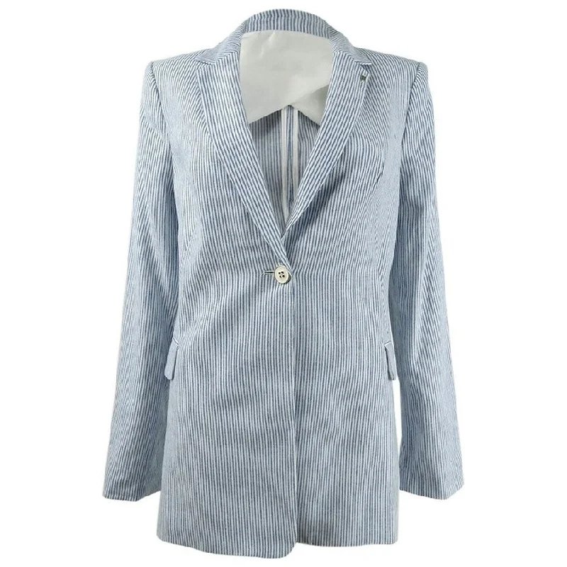 Tommy Hilfiger Women's Striped Notched-Lapel Topper Jacket (4, Blue/Ivory)