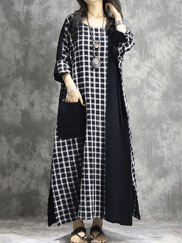 Cozy Fashion Trends Warm Comfortwear Plaid Patchwork round Neck Long Sleeve Casual Maxi Dress