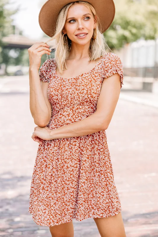 Simple Wear Fits Comfort Wardrobe Give Joy Terracotta Red Ditsy Floral Dress