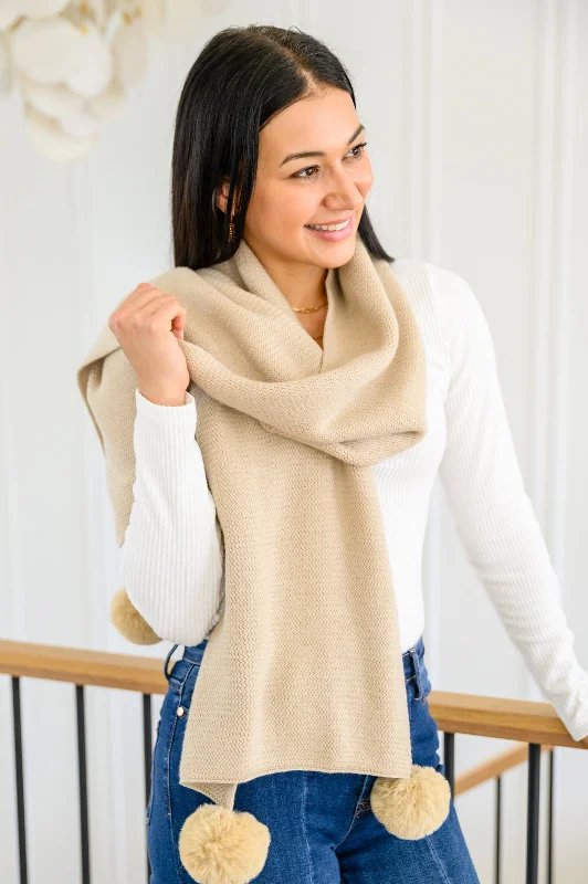 Minimal Fashion Soft Fit Knitted Fuzzy Pom Pom Scarf In Beige