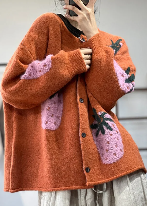 Modern Cozy Looks Comfortable Textiles Organic Orange O Neck Jacquard Woolen Loose Cardigans Batwing Sleeve