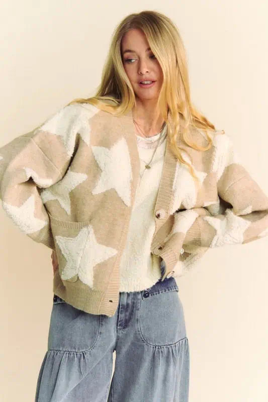 Soft-Fit Wear Street Comfortwear Davi & Dani Fuzzy Star Button Down Cardigan