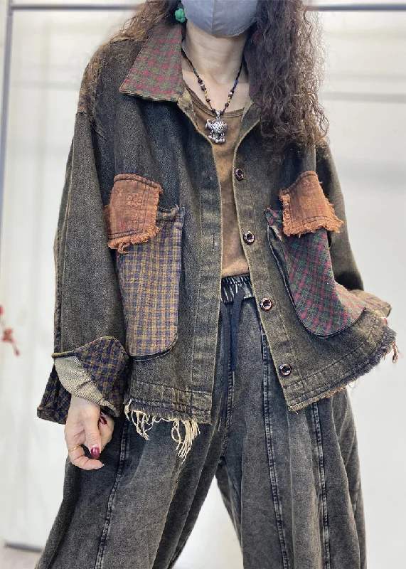 Casual Layers Effortless Chic Style Black Pockets Patchwork Coat Peter Pan Collar Long Sleeve