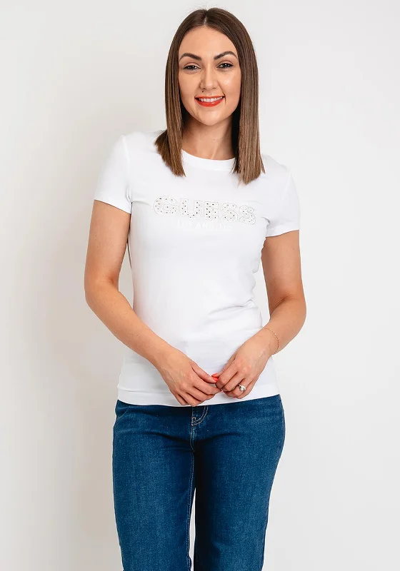 Comfy Daily Outfits Cozy Dresses Guess Womens Broderie Logo T-Shirt, White