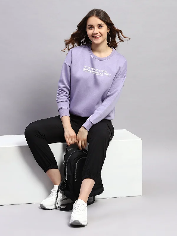 Soft Layering Wear Chic Comfort Women Purple Printed Round Neck Full Sleeve Sweatshirt
