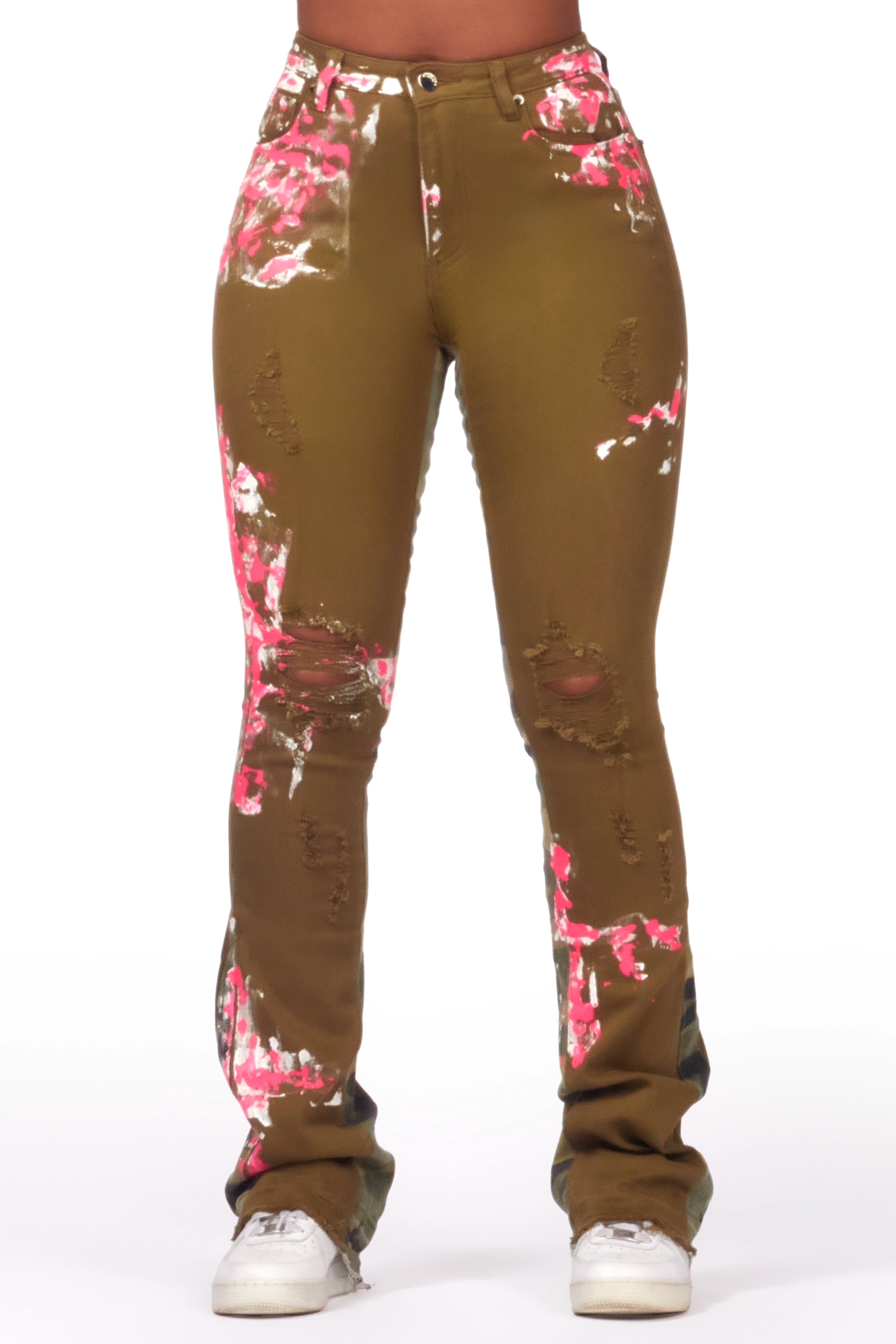 Simple Fashion Styles Soft Apparel Curtia Olive Painted Stacked Flare Jean