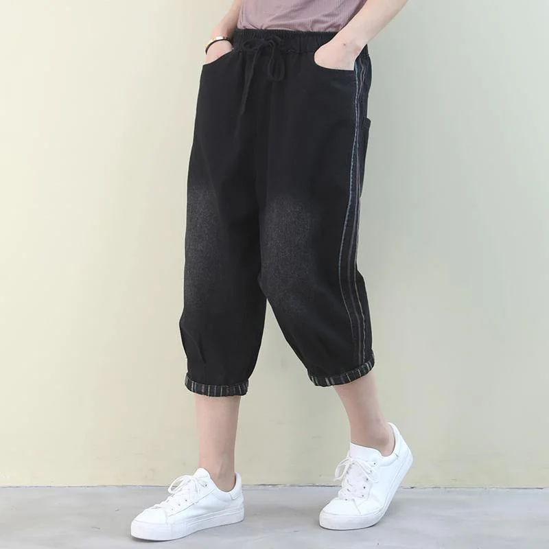 Comfy Daily Outfits Soft Layers French pants plus size denim black elastic waist pockets pants Comfy Daily Outfits Soft Layers French pants plus size denim black elastic waist pockets pants