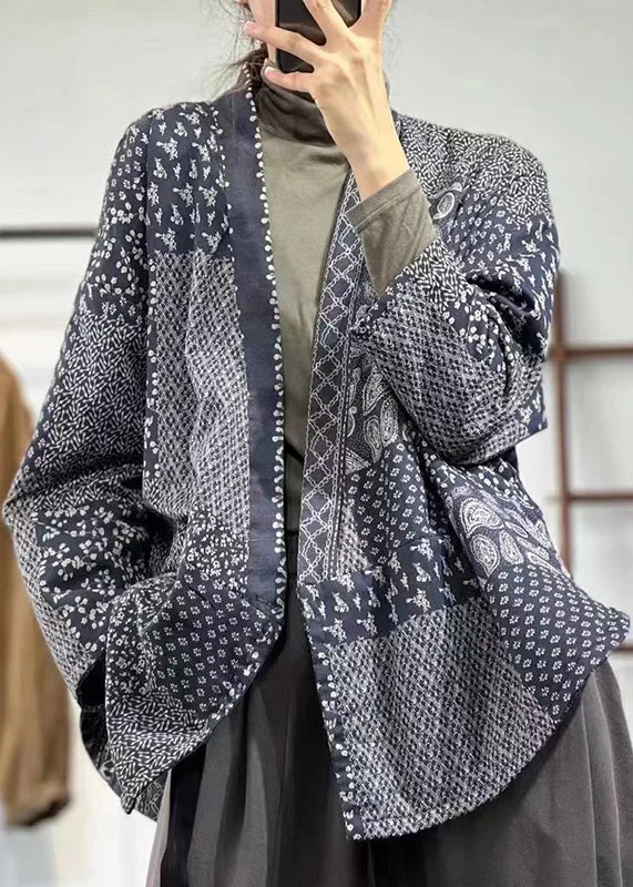 Affordable Comfort Wear Casual Looks Loose Blue V Neck Button Print Linen Coat Long Sleeve Affordable Comfort Wear Casual Looks Loose Blue V Neck Button Print Linen Coat Long Sleeve