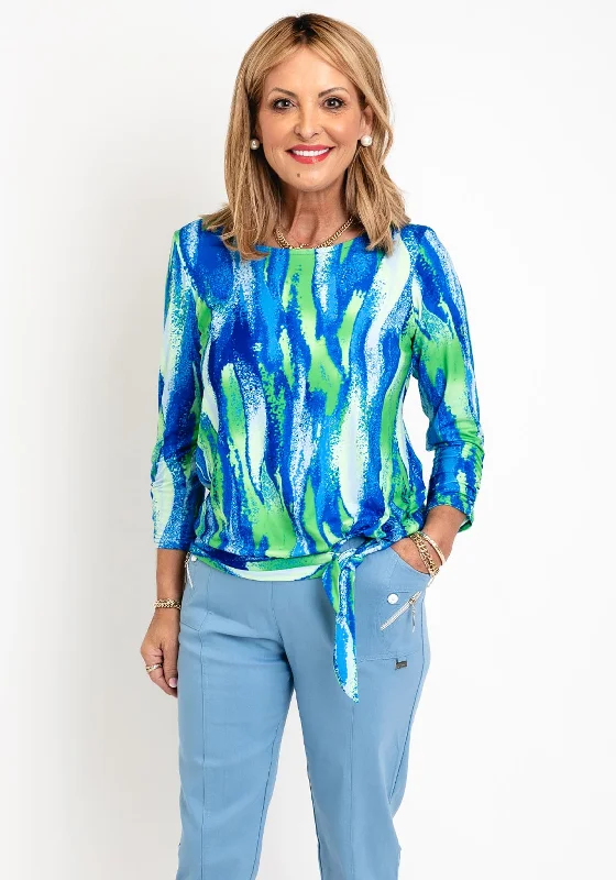 Budget-friendly Comfort Elegant Wear Leon Collection Knot Hem Print Top, Blue & Green Budget-friendly Comfort Elegant Wear Leon Collection Knot Hem Print Top, Blue & Green