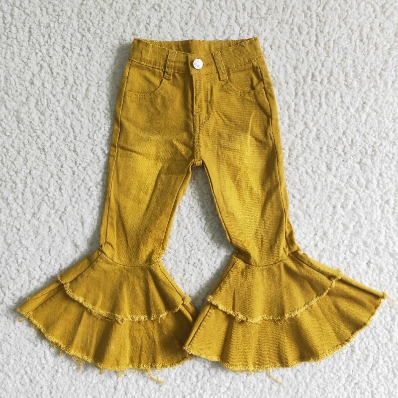 Chic Layering Classy Outfits girl yellow double ruffles high quality washed jeans