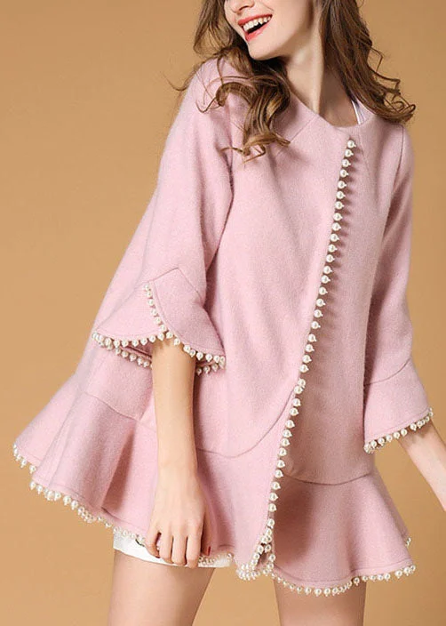 Trendy Warm Looks Soft Fit Clothing Elegant Pink Pockets Nail bead fashion Fall Woolen Coat
