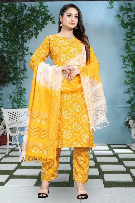 Yellow Bandhani Printed Rayon Straight Cut Suit