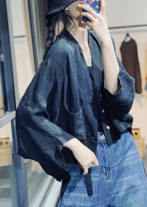 Soft Comfortwear Everyday Style Black Low High Design Solid Linen Coat V Neck Fall
