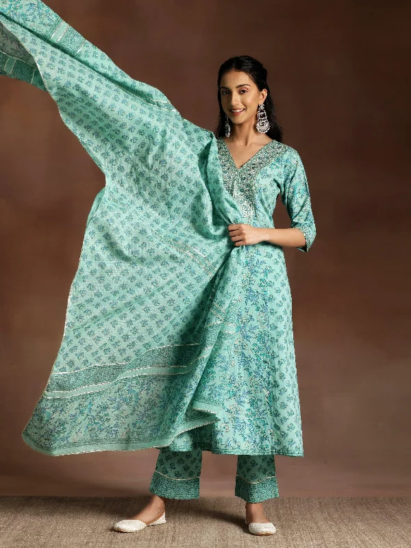 Fashionable Street Comfort Cozy Wearables Turquoise Printed Cotton A-Line Kurta With Palazzos & Dupatta