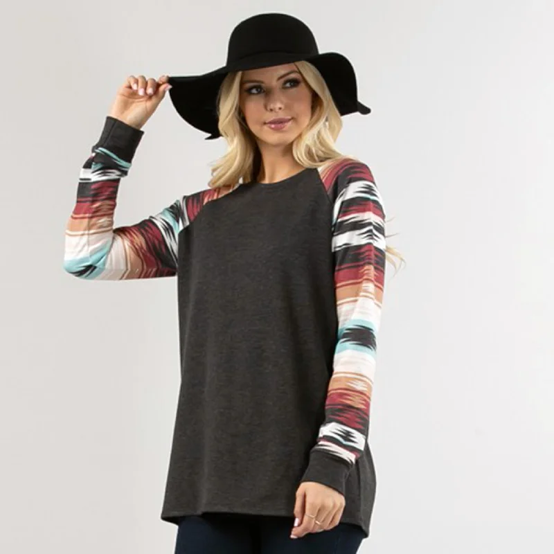 Avery Women's Solid Body/Aztec Sleeve Top