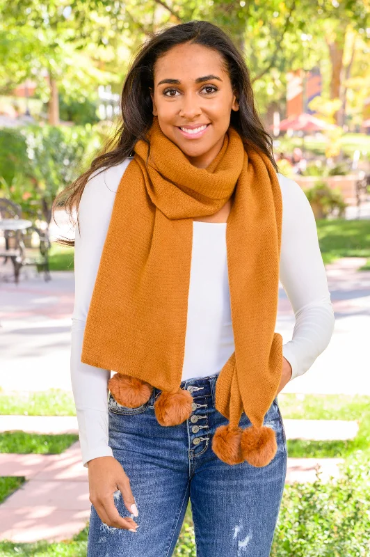Soft Fabric Choices Relaxed Wardrobe Knitted Fuzzy Pom Pom Scarf In Ginger