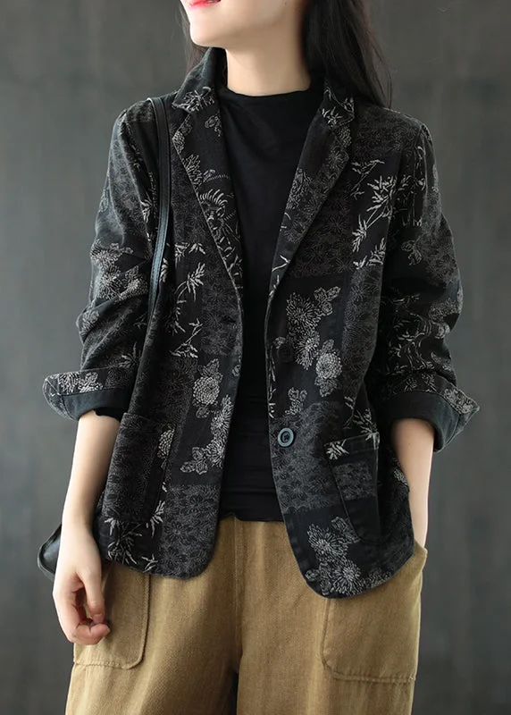 Cozy Looks Casual Vibes Black Notched Patchwork Button Denim Coats Fall