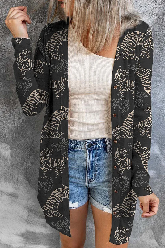 Tiger Print Button Up Long Sleeve Cardigan