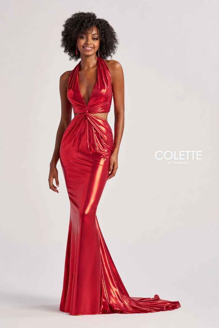 Colette By Daphne CL8505 - Metallic Halter Prom Gown