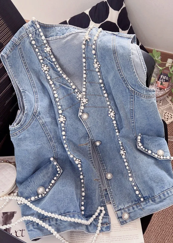 Comfortable Vibes Modern Comfort Cute Blue V Neck Patchwork Nail Bead Denim Waistcoat Fall Comfortable Vibes Modern Comfort Cute Blue V Neck Patchwork Nail Bead Denim Waistcoat Fall