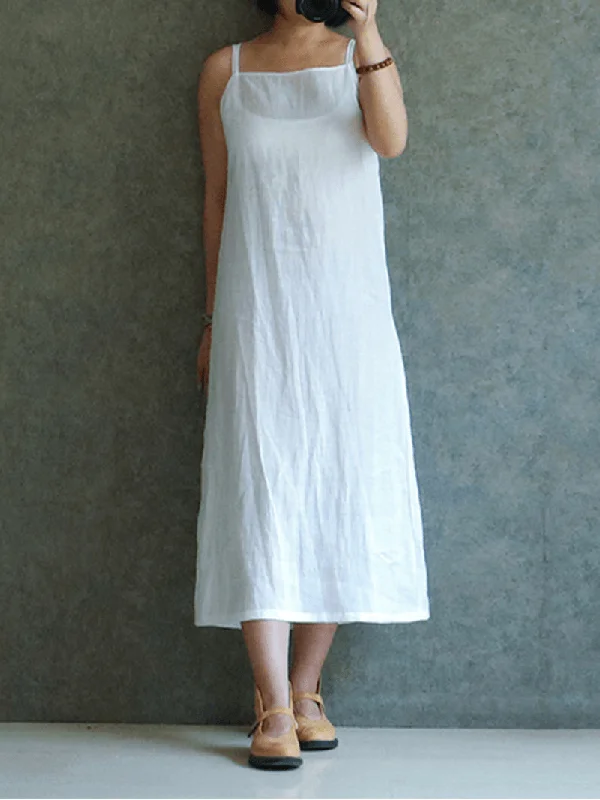 Minimal Fashion Relaxed Wardrobe Celmia Women round Neck Sleveless Solid Color Spaghetti Strap Long Dress