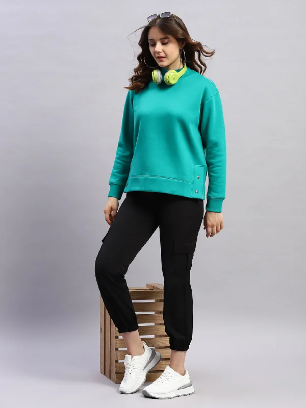 Smart Layered Looks Cozy Dresses Women Green Solid High Neck Full Sleeve Sweatshirt