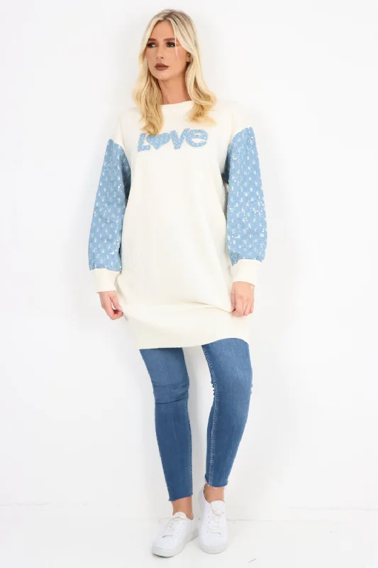 Relaxed Wardrobe Styles Practical Comfort Love Print Denim Sequin Detail Long sleeve Knitted Tunic Top Relaxed Wardrobe Styles Practical Comfort Love Print Denim Sequin Detail Long sleeve Knitted Tunic Top