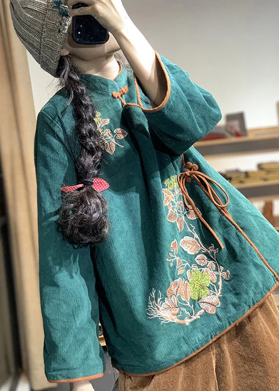 Stylish Comfort Look Cozy Styles Original Design Green Embroidered Fine Cotton Filled Corduroy Coats Fall Stylish Comfort Look Cozy Styles Original Design Green Embroidered Fine Cotton Filled Corduroy Coats Fall