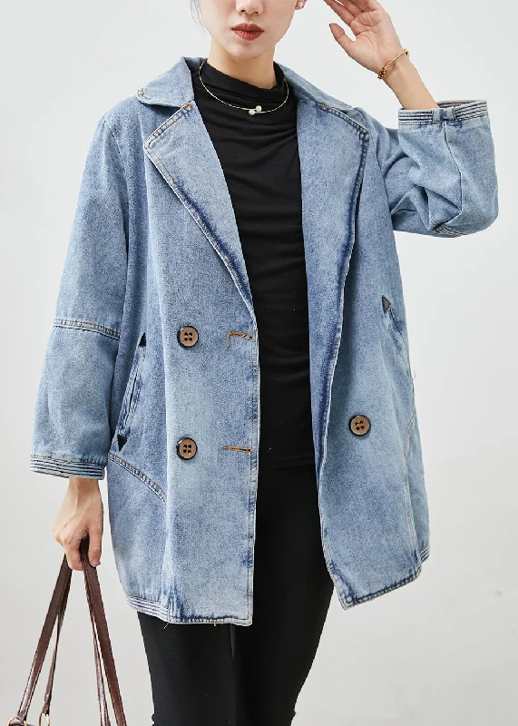 Soft Layering Wear Comfy Styling Simple Light Blue Double Breast Patchwork Denim Jackets Fall Soft Layering Wear Comfy Styling Simple Light Blue Double Breast Patchwork Denim Jackets Fall