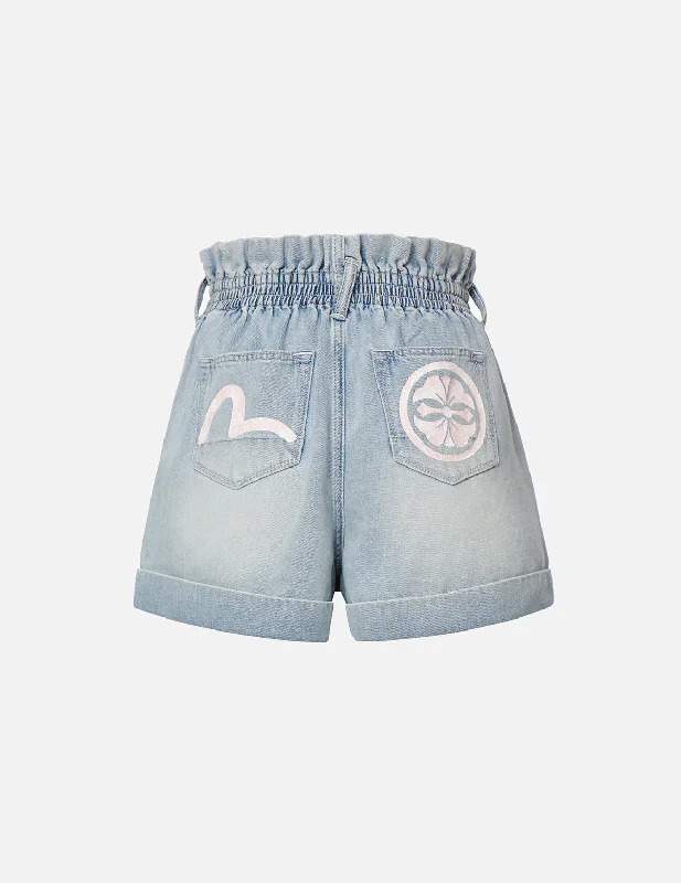 Seagull and Kamon Print Paper Bag Denim Shorts