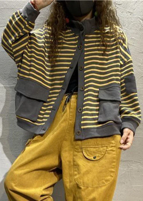 Trendy Easywear Affordable Outfits Yellow Striped Patchwork Coats Outwear Long Sleeve