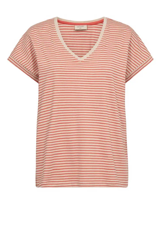 Simple Wear Comfy Styling Freequent Mian Stripe V-Neck T-Shirt, Moonbeam Hot Coral