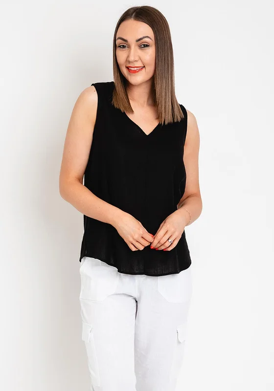 Effortless Fashionwear Warm Style Fransa Juna Linen Blend V Neck Top, Black
