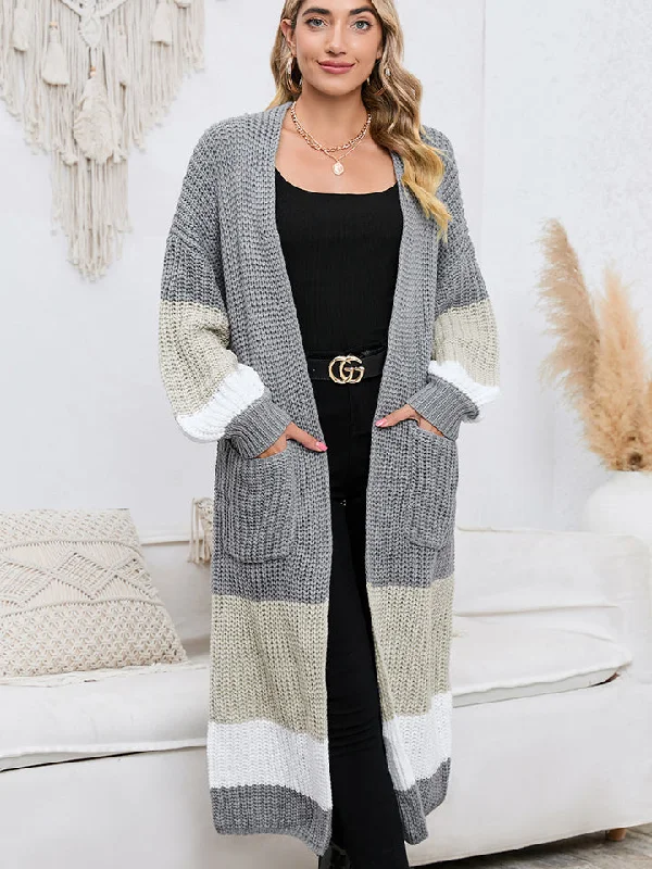 Casual Comfort Clothing Stylish Attire Color Block Long Sleeve Pocketed Cardigan