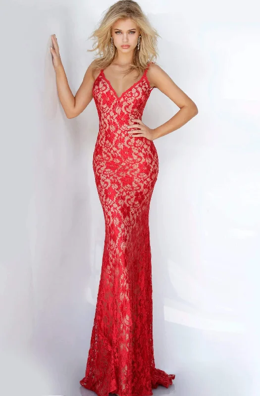 Jovani - 00782 Backless V Neck Allover Lace Fitted Long Dress