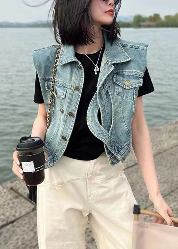 Fashionable Comfortwear Soft Comfortwear Modern Blue Peter Pan Collar Asymmetrical Patchwork Button Denim Waistcoat Sleeveless Fashionable Comfortwear Soft Comfortwear Modern Blue Peter Pan Collar Asymmetrical Patchwork Button Denim Waistcoat Sleeveless