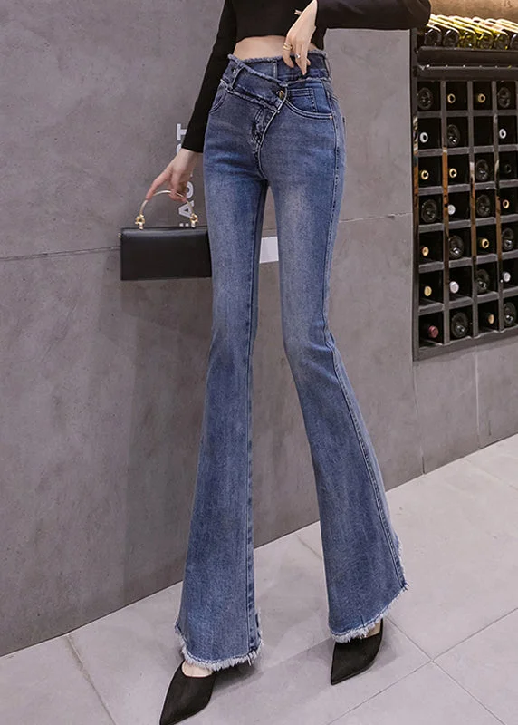 Relaxed Street Styles Chic Textures Slim Fit Denim Blue Zippered Button Bell Bottomed Trousers Spring Relaxed Street Styles Chic Textures Slim Fit Denim Blue Zippered Button Bell Bottomed Trousers Spring