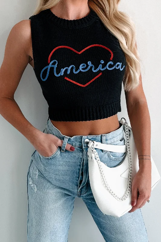 Trendy Easywear Trendy Casuals Love My Country Sweater Knit Tank Top (Black)