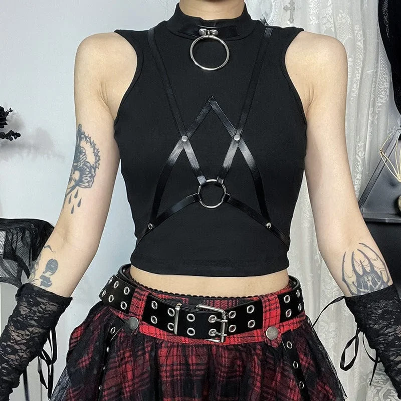 Everyday Comfort Wear Practical Fashion Women's Punk Ring Faux Leather Belt Tank Top