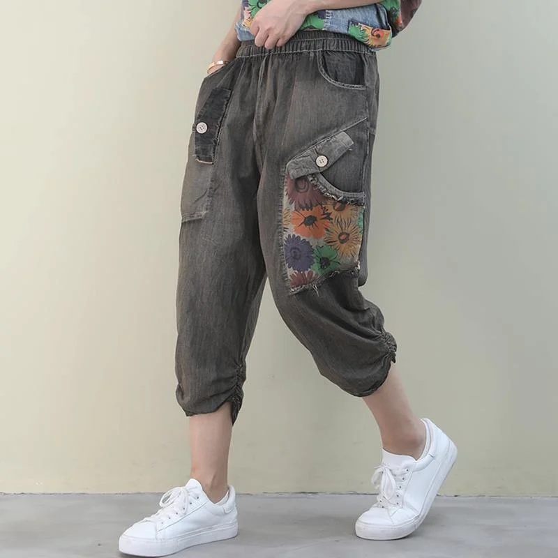 Affordable Comfort Wear Relaxed Outfits Handmade denim blue casual elastic waist patchwork Shape wide leg pants Affordable Comfort Wear Relaxed Outfits Handmade denim blue casual elastic waist patchwork Shape wide leg pants